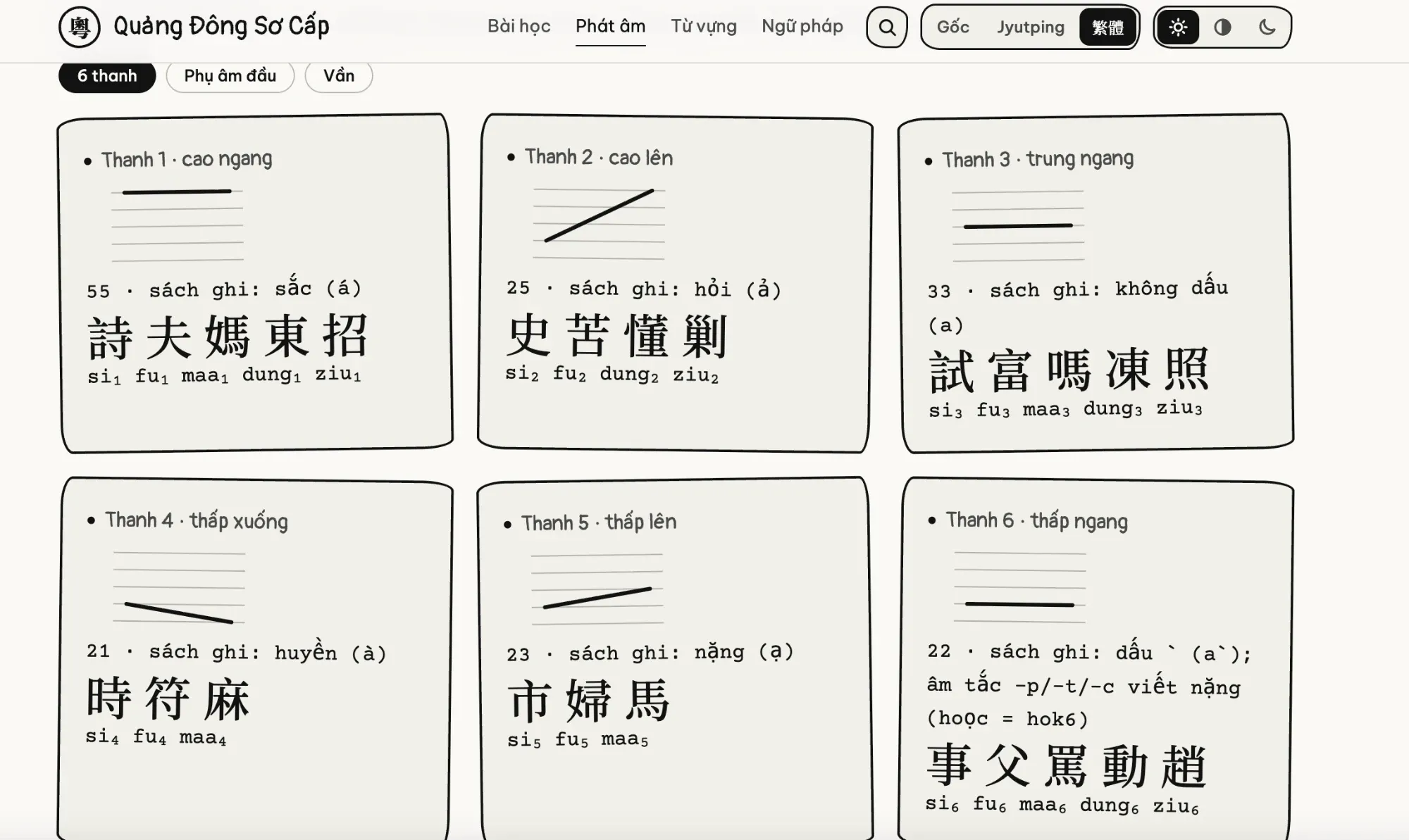 Pronunciation page with six cards, one per tone, each with a pitch line and example characters.