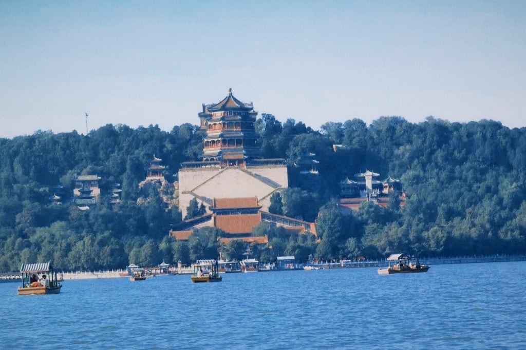 Tower of Buddhist Incense on Longevity Hill, seen across Kunming Lake